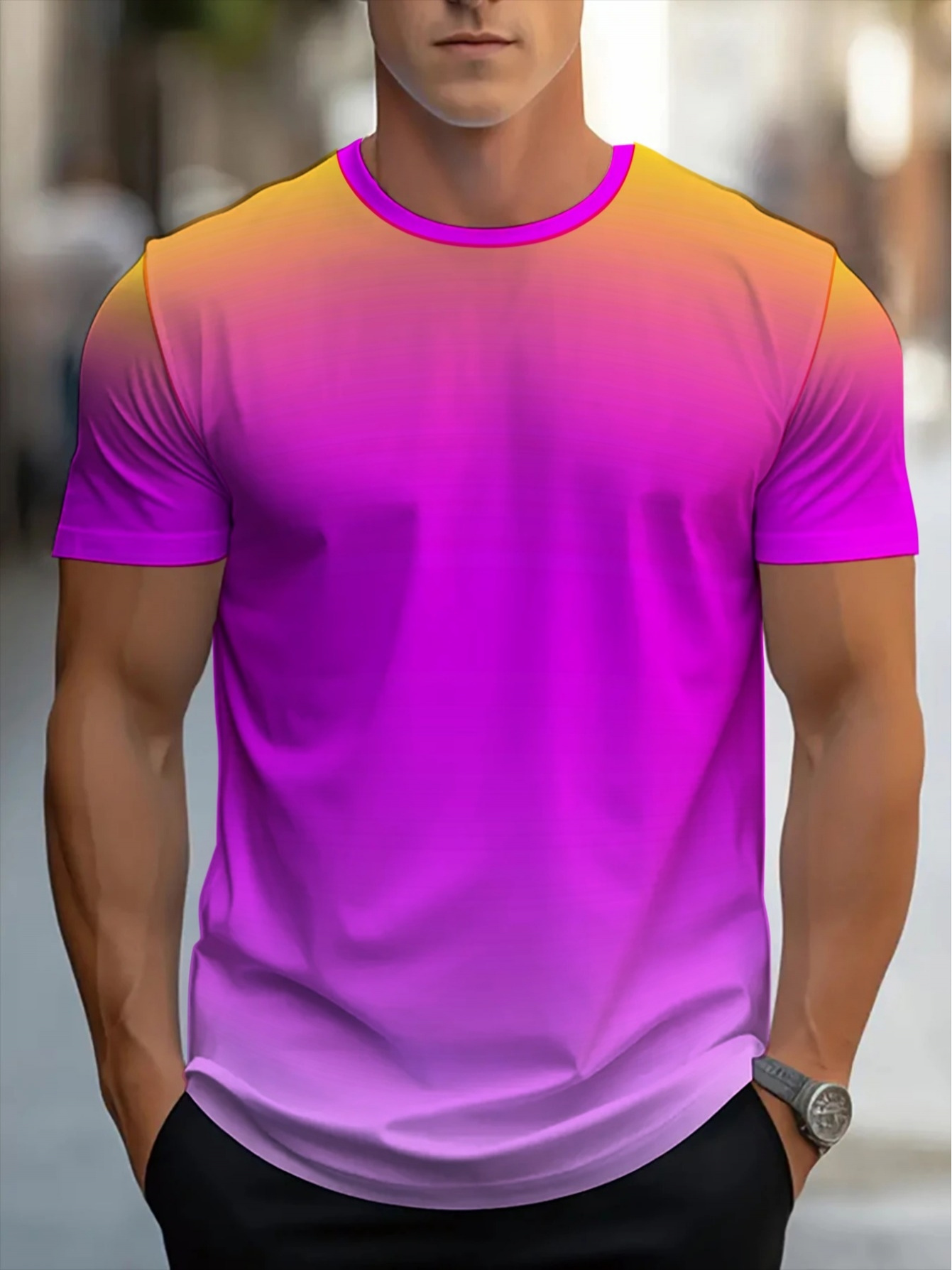 T Shirt Dry Fit - Orange Magenta Gradient Crew Neck Sport